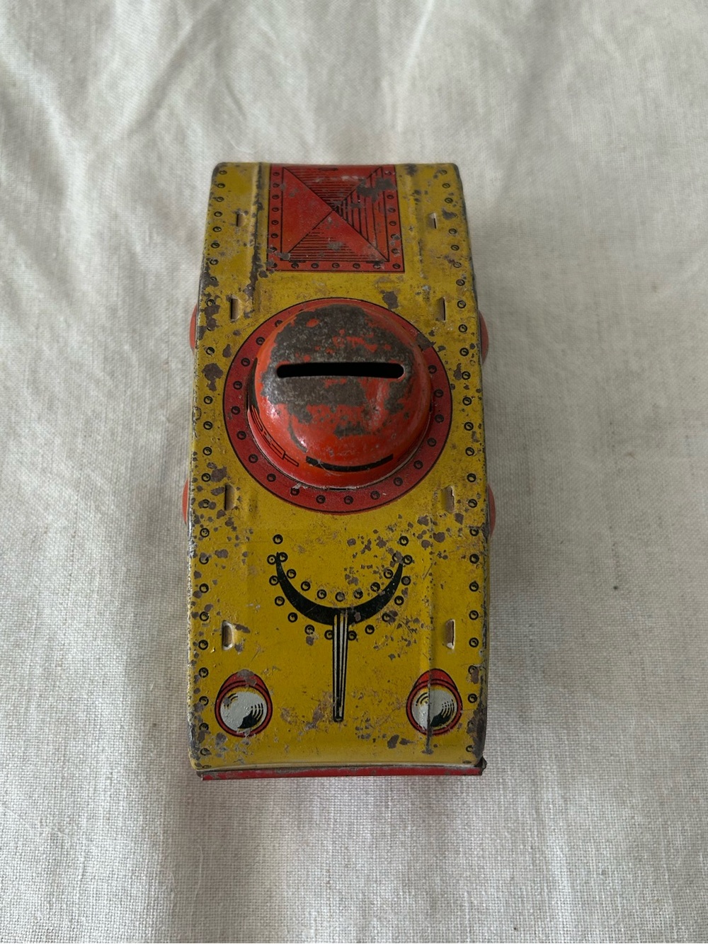 Vintage Yellow and Red Tin Toy Tank Bank